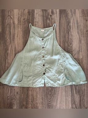 Kleen Mint 100% Linen Halter Button Down Tank  W Sz.M Flowy USA Beach Boho Vacay